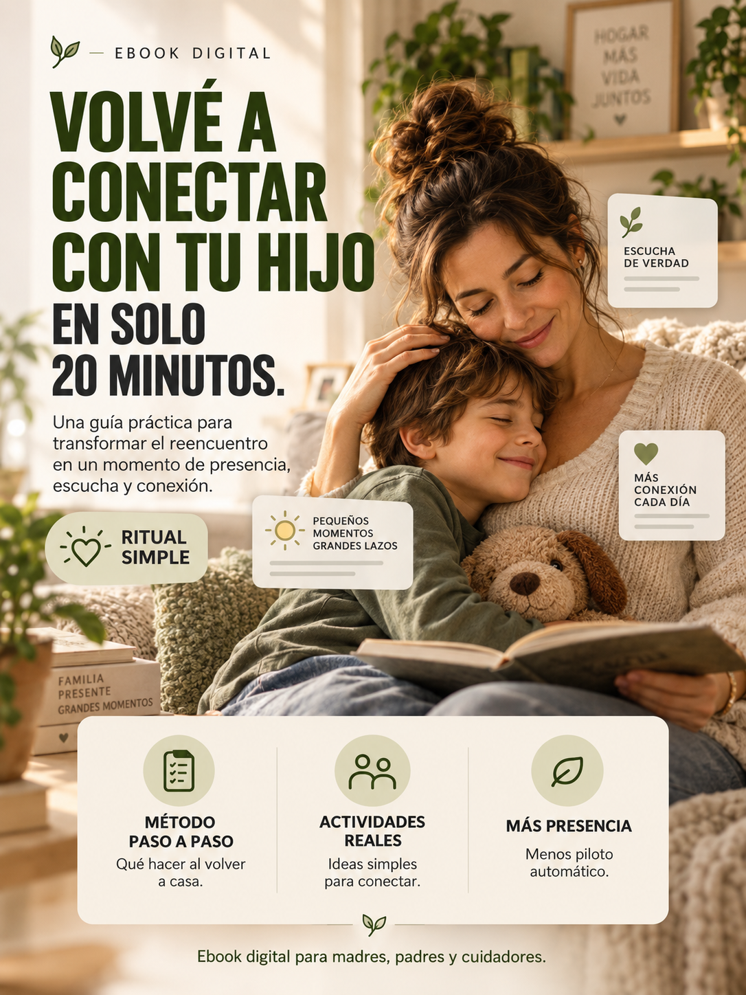 Madre o padre compartiendo un momento con su hijo en casa, luz natural, ambiente familiar cálido